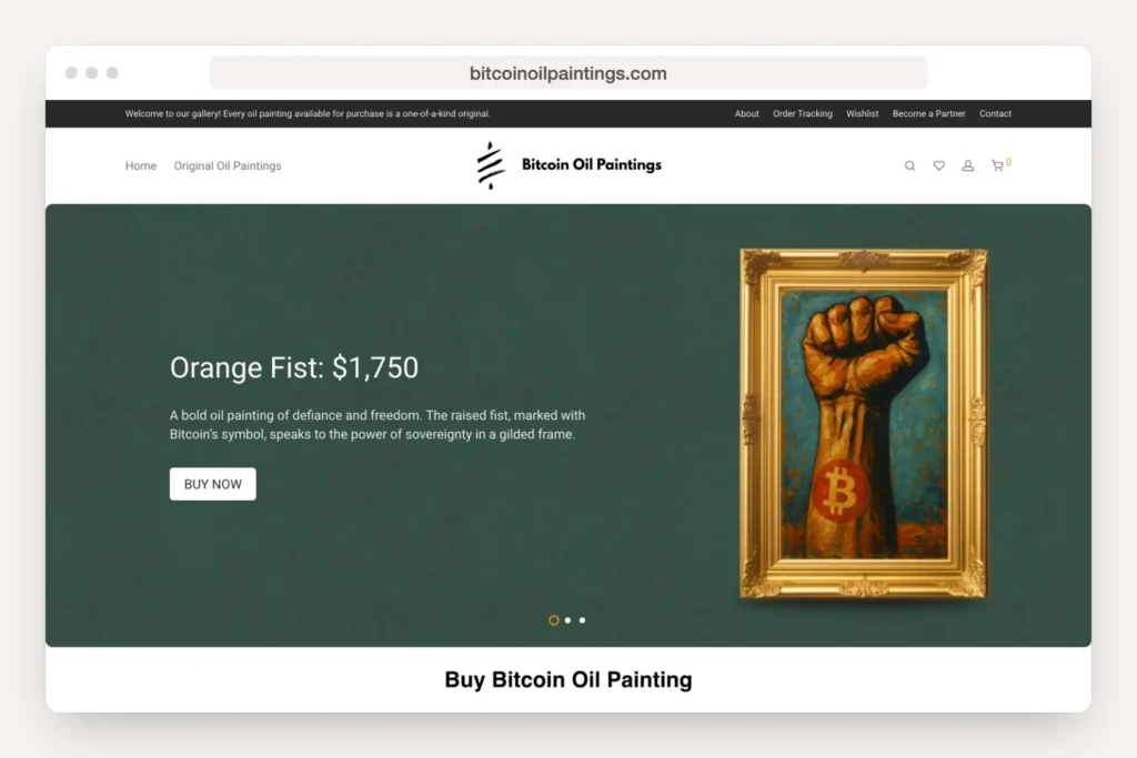 Browser window showing the bitcoinoilpaintings.com homepage for Trumbull recent work