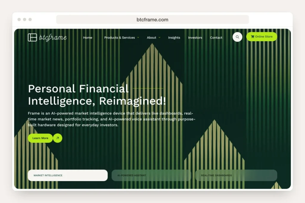 Browser window displaying the btcframe.com homepage in a Trumbull project showcase