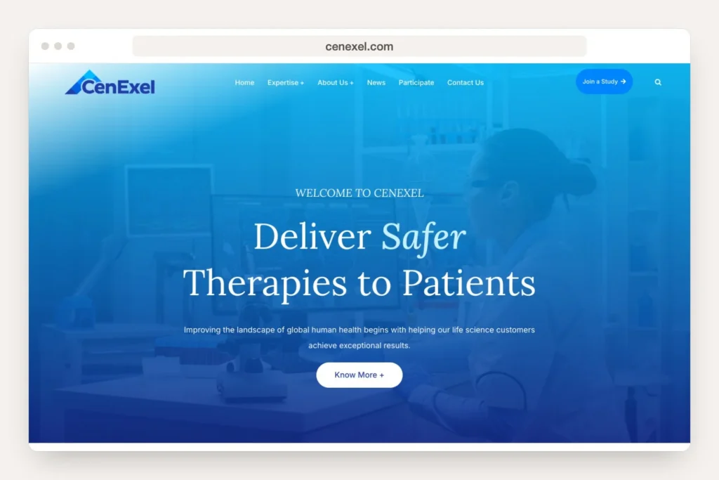 Browser window showing the cenexel.com homepage as a Trumbull web project