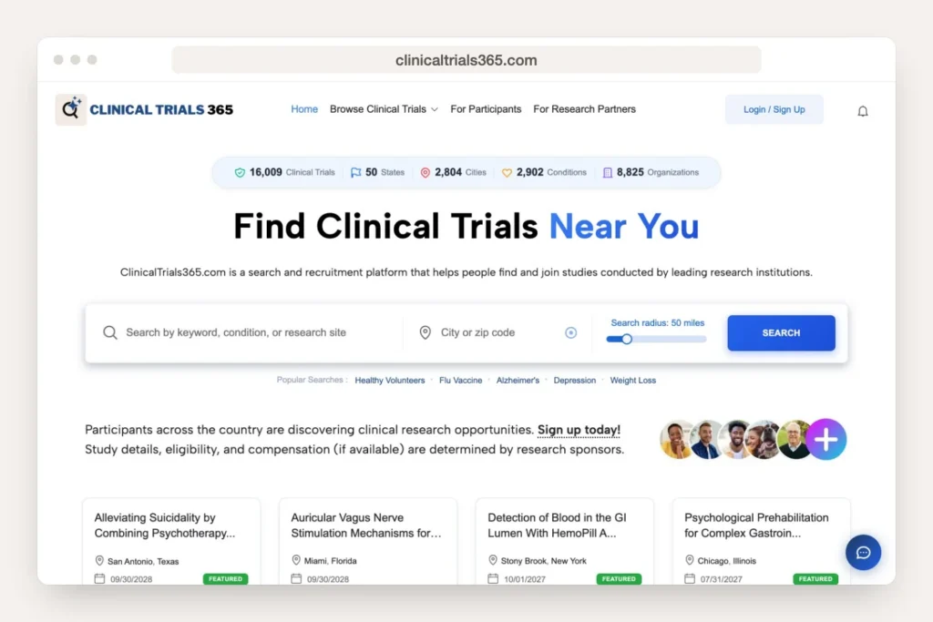 Browser window displaying the clinicaltrials365.com homepage as Trumbull website work
