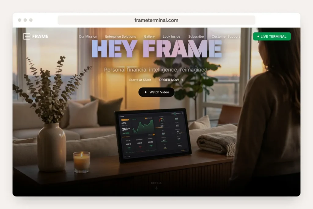 Browser window showing the frameterminal.com homepage as Trumbull portfolio work