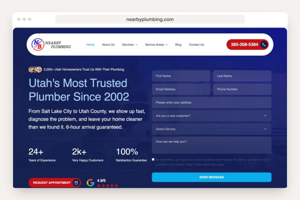 Browser window displaying the nearbyplumbing.com homepage for Trumbull recent work