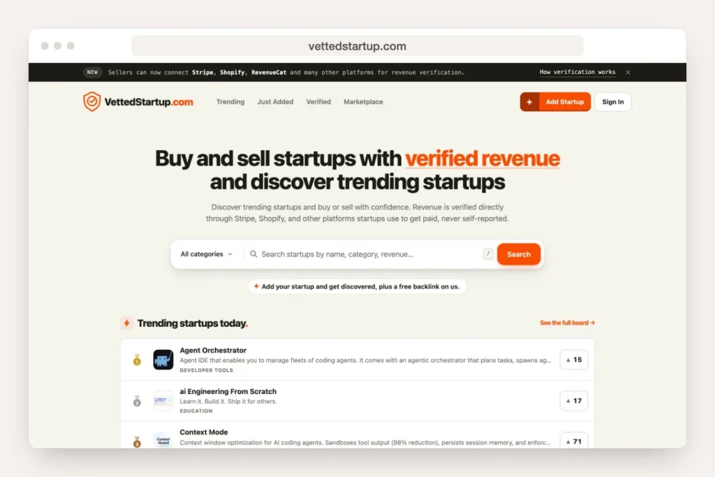 Browser window showing the vettedstartup.com homepage for Trumbull recent work