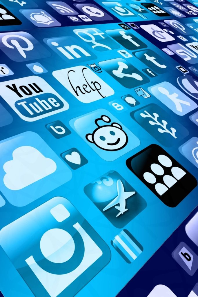 App icons for social platforms over a blue screen