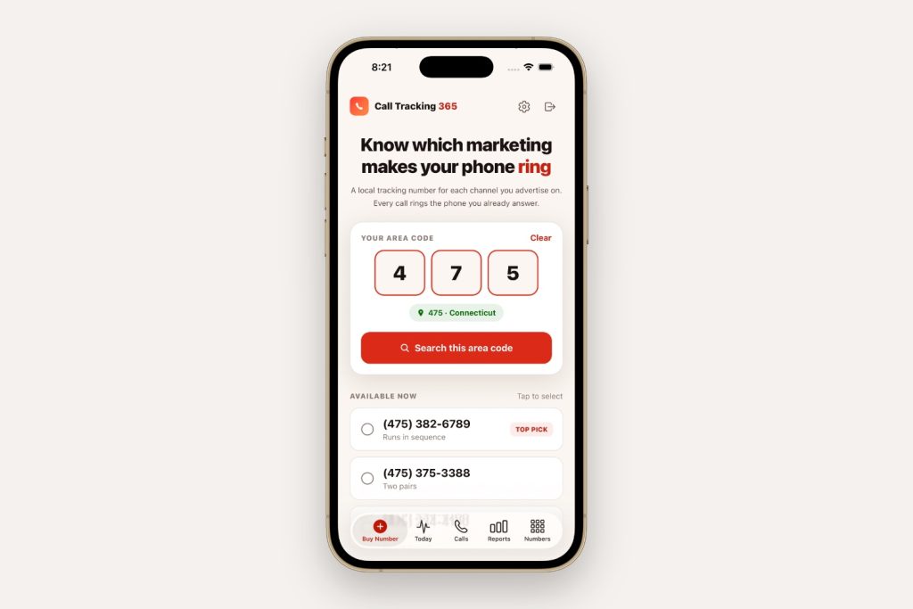 Gold iPhone with Call Tracking 365 open to its main screen