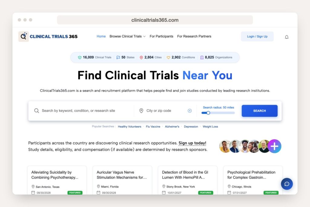 Opening page of the clinicaltrials365.com website on a computer
