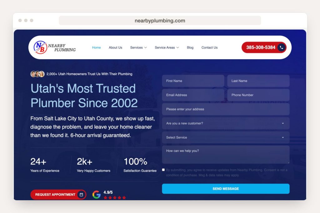 Opening page of the nearbyplumbing.com website on a computer