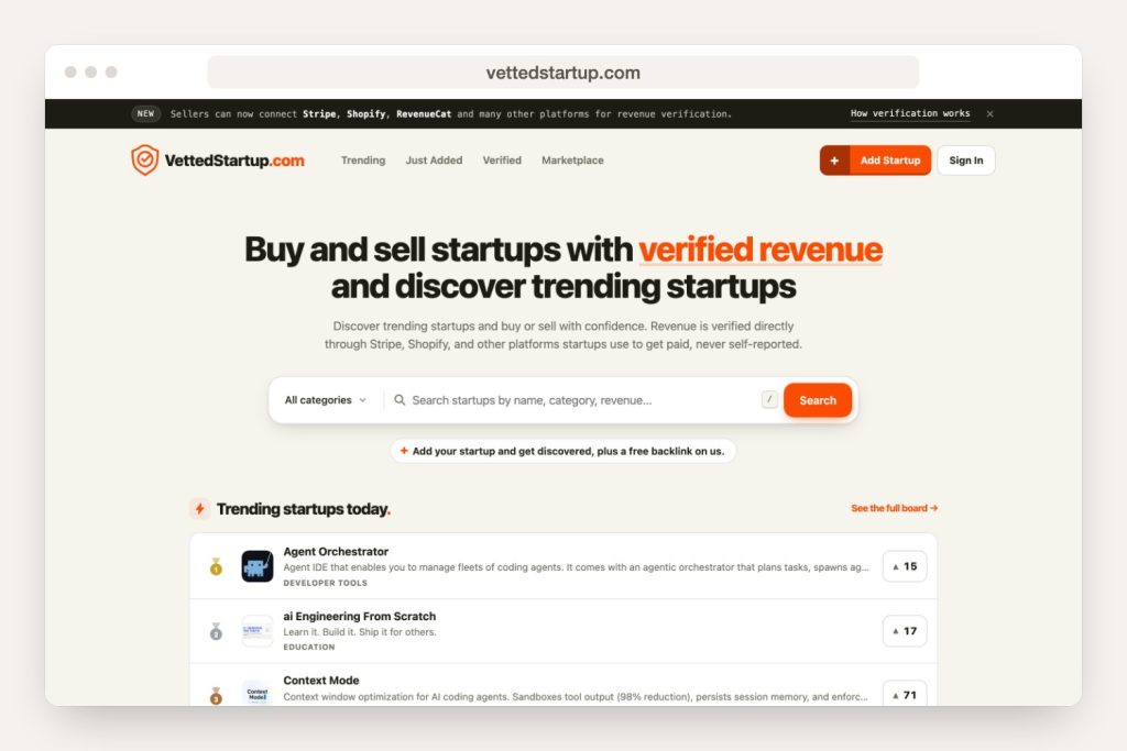 Opening page of the vettedstartup.com website on a computer