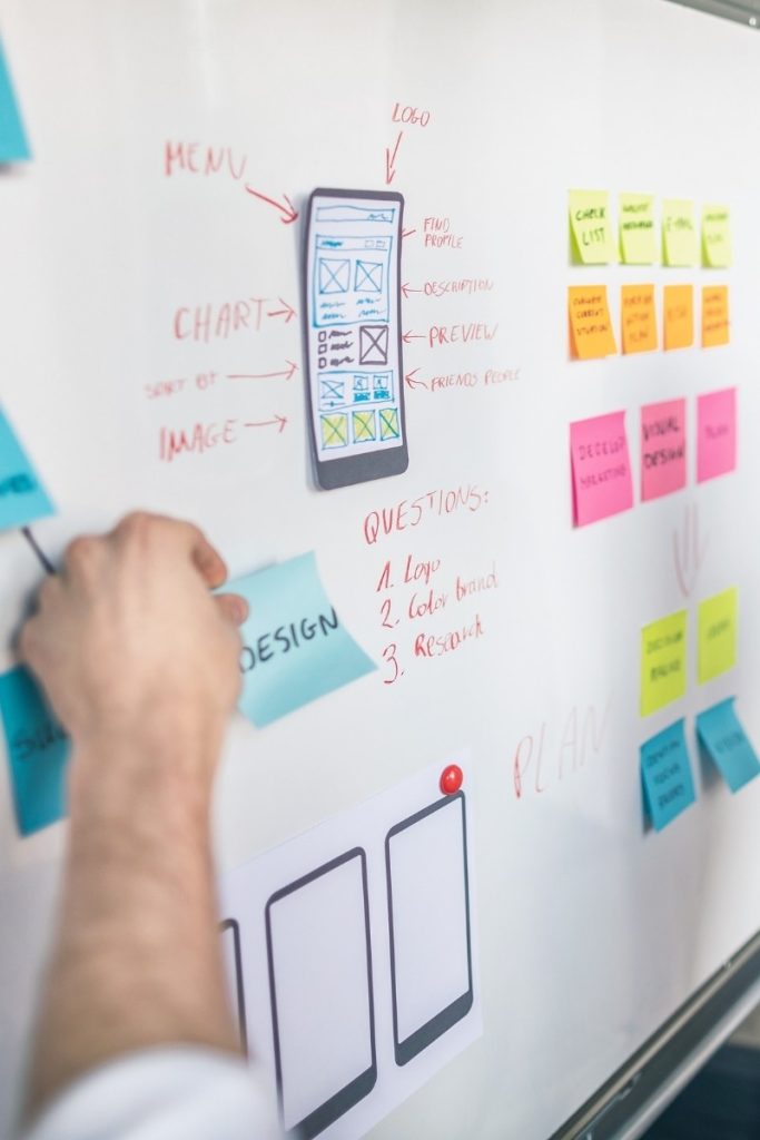 Hand presses sticky notes beside a phone app sketch on a whiteboard in Trumbull