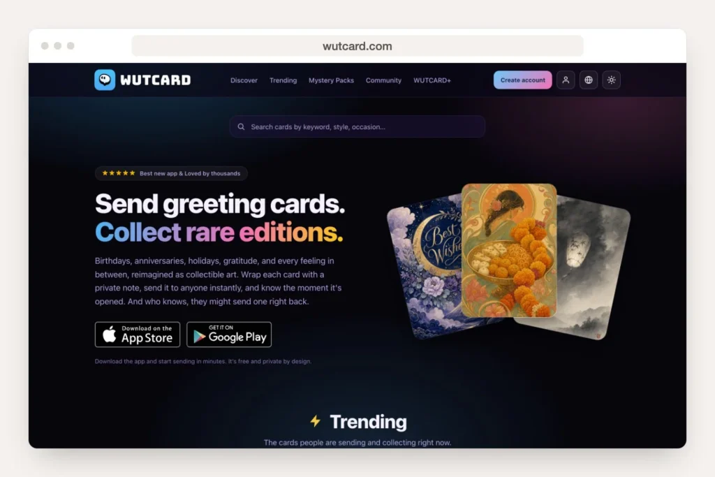 Browser window showing the wutcard.com homepage in Trumbull recent work